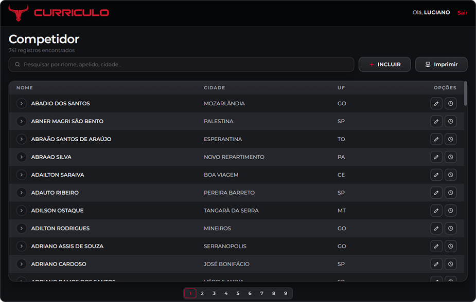 Interface web do DATARODEO
