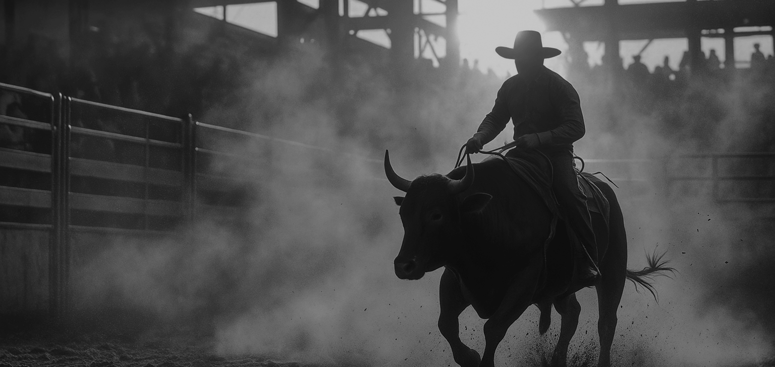 Silhueta de cowboy em cenário de rodeio