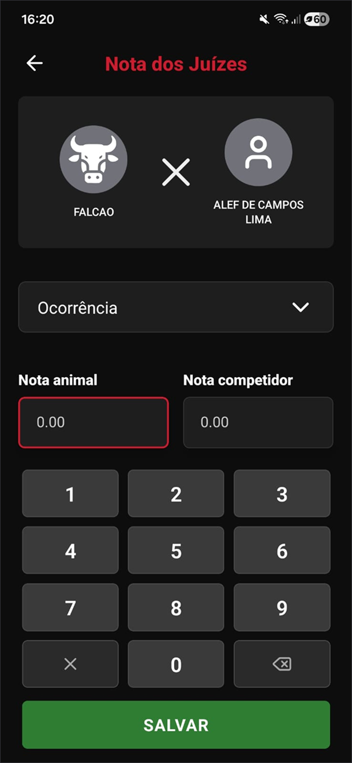 Lançamento de notas no app do juiz